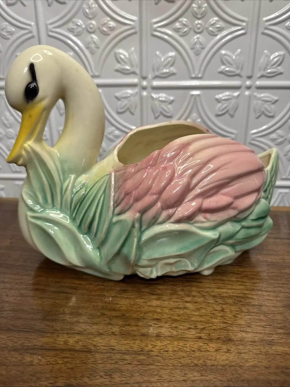 Vtg. Style Swan Ceramic Floral Colorful Large Planter Good Condition Great Color